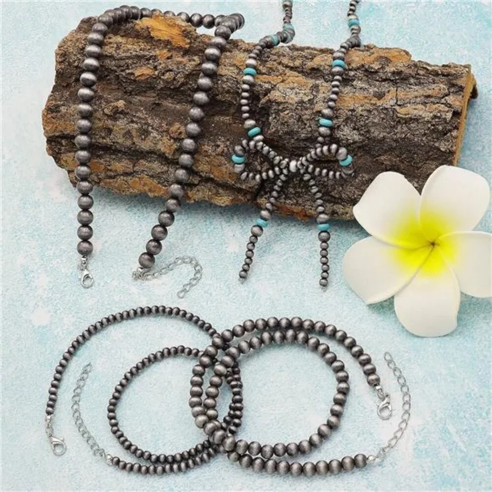 4pc Western Navajo Pearl & Turquoise Necklace Jewelry For Women Beaded Chain Bow